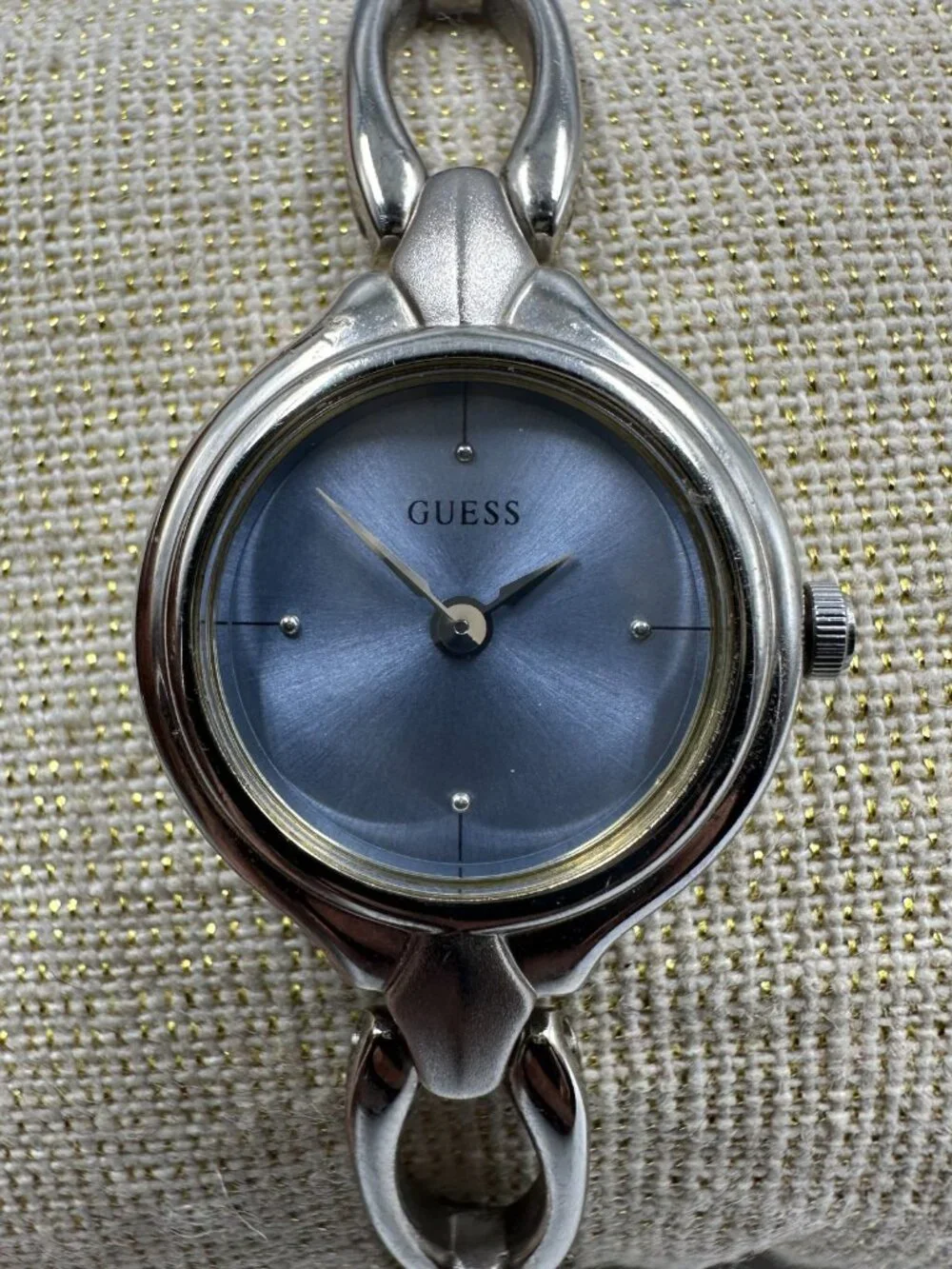 Guess Watch Women Silver Tone Small Blue Dial 19MM New Battery 7.25 Inch